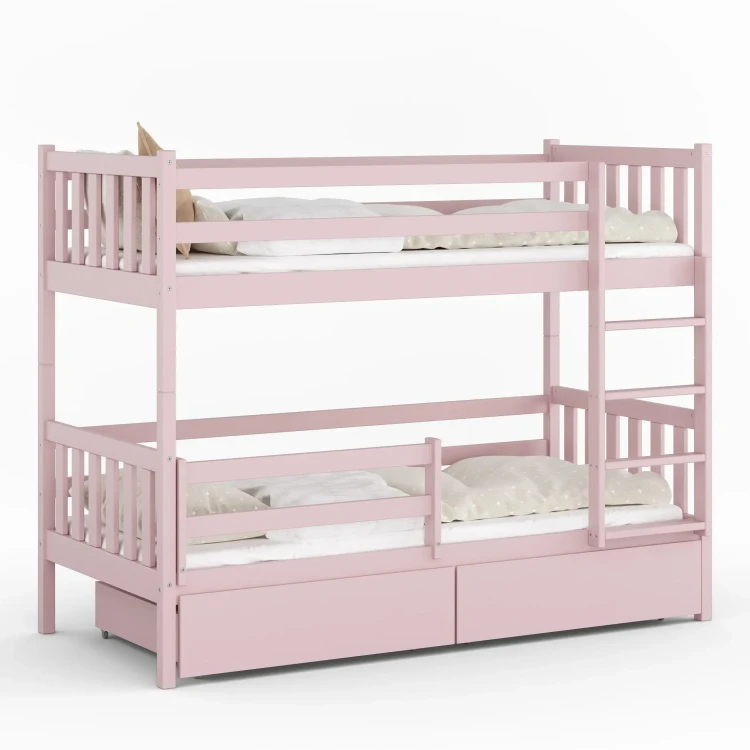 Drewniane Łóżko Piętrowe z szufladami Fano różowe