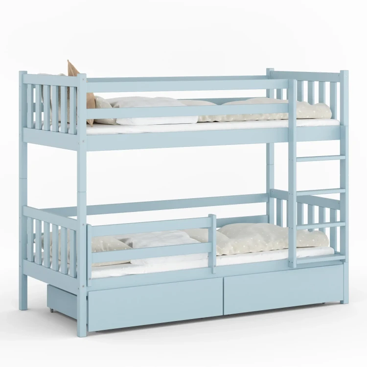 Drewniane Łóżko Piętrowe z szufladami Fano niebieskie