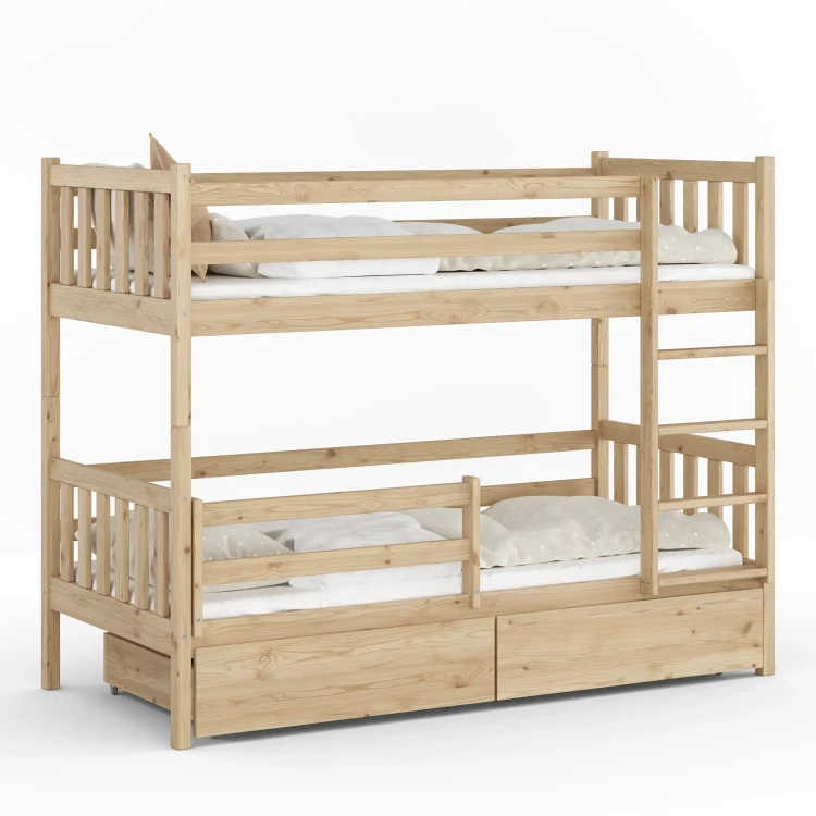 Drewniane Łóżko Piętrowe z szufladami Fano surowe