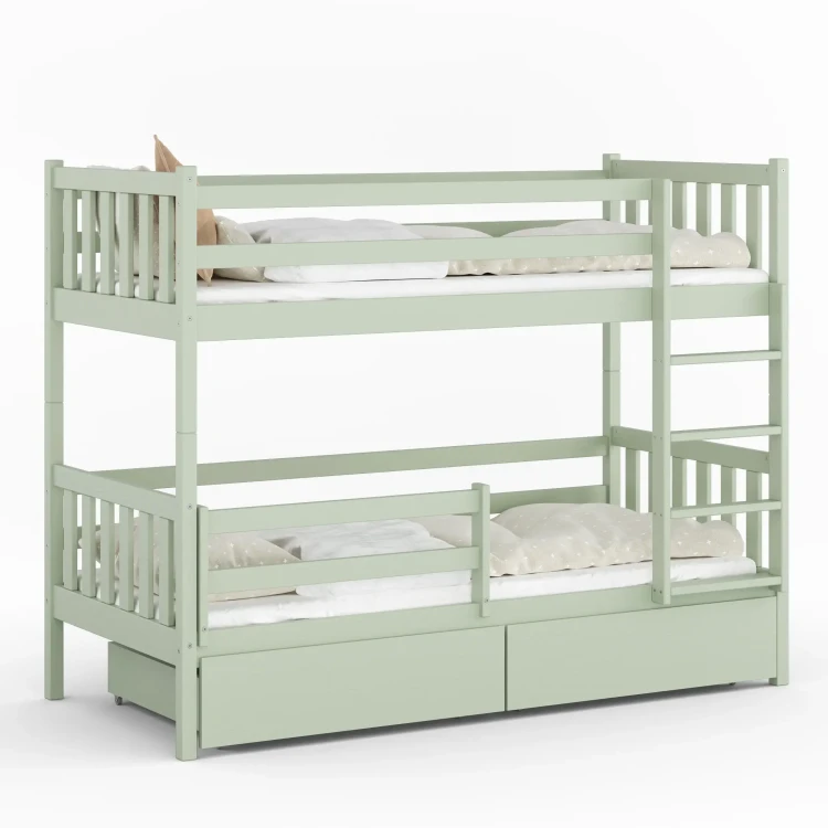 Drewniane Łóżko Piętrowe z szufladami Fano szałwia