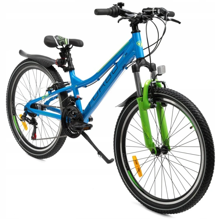 rower górski MTB 24 dla dzieci z aluminiową ramą, napędem Shimano 21 biegów, amortyzatorem i podpórką