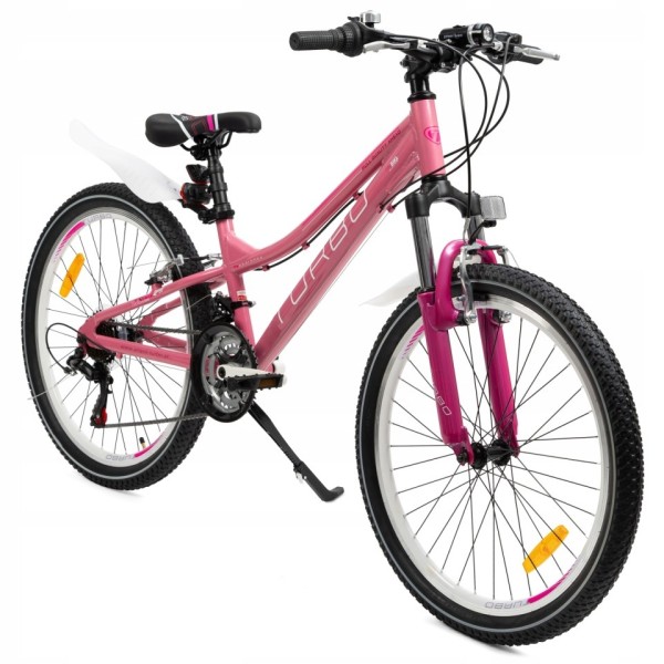 różowy rower górski MTB 24 dla dziewczynki z aluminiową ramą i napędem Shimano, wstępnie złożony i wyregulowany