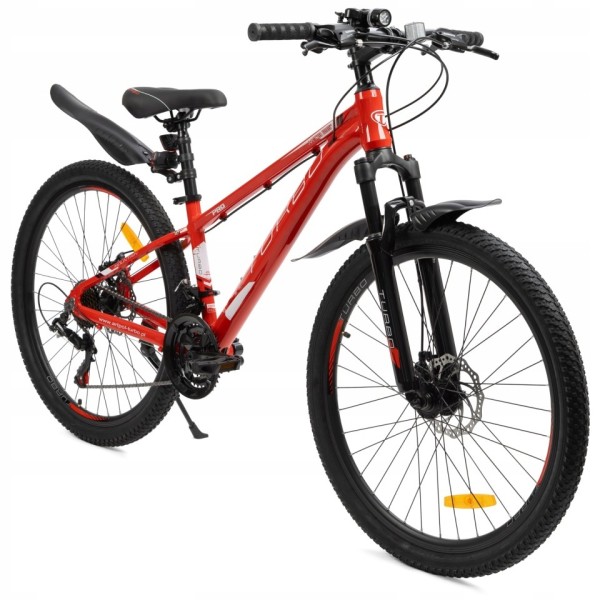 rower górski MTB 26 czerwony z aluminiową ramą, napędem Shimano i hamulcami tarczowymi, gotowy do jazdy