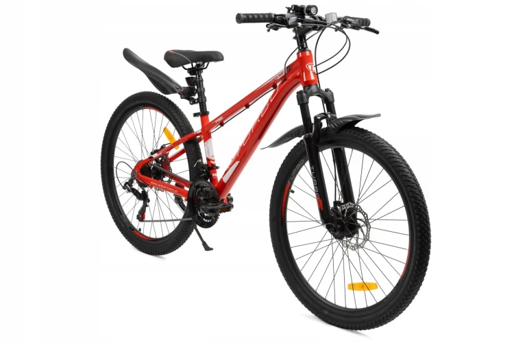 rower górski MTB 26 czerwony z aluminiową ramą, napędem Shimano i hamulcami tarczowymi, gotowy do jazdy