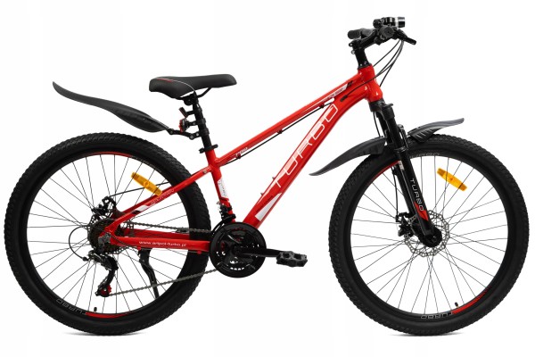 rower górski MTB 26 czerwony z aluminiową ramą, napędem Shimano i hamulcami tarczowymi, gotowy do jazdy