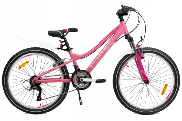 różowy rower górski MTB 24 dla dziewczynki z aluminiową ramą i napędem Shimano, wstępnie złożony i wyregulowany