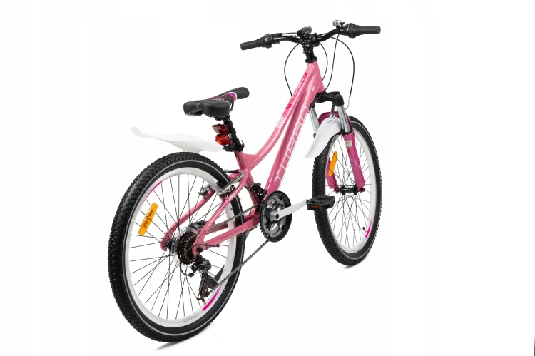 różowy rower górski MTB 24 dla dziewczynki z aluminiową ramą i napędem Shimano, wstępnie złożony i wyregulowany