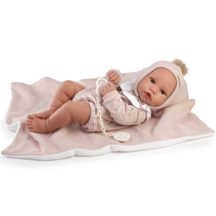 Lalka Erika 42 cm Antonio Juan winylowa lalka z kocykiem i ubrankiem różowym