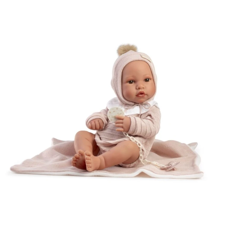 Lalka Erika 42 cm Antonio Juan winylowa lalka z kocykiem i ubrankiem różowym