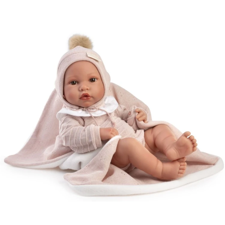 Lalka Erika 42 cm Antonio Juan winylowa lalka z kocykiem i ubrankiem różowym