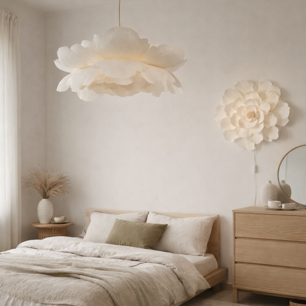 Lampa wisząca Peonia kremowa 70 cm – duża dekoracyjna lampa w kształcie kwiatu do wnętrz boho