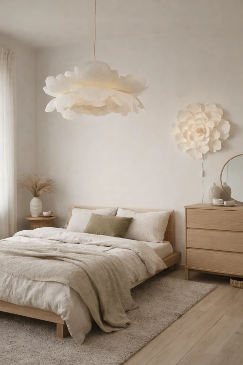 Lampa wisząca Peonia kremowa 70 cm – duża dekoracyjna lampa w kształcie kwiatu do wnętrz boho