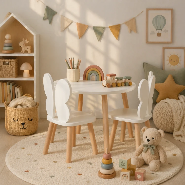 drewniany stolik dziecięcy z krzesełkami motylkami w stylu skandynawskim w jasnym pokoju dziecka