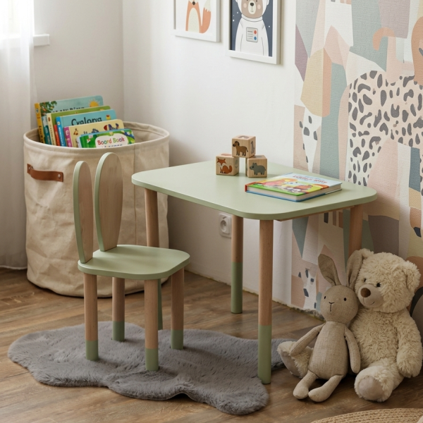 Drewniany zestaw dla dzieci stolik XL i krzesełko drewniane uszy królika