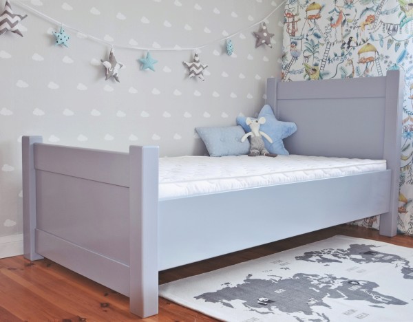 szare łóżko młodzieżowe MERAVI z szufladą drewniane w nowoczesnym pokoju