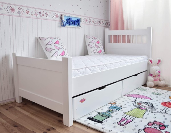 białe łóżko młodzieżowe PARYS z szufladami drewniane w stylu skandynawskim