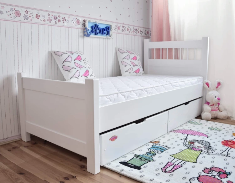 białe łóżko młodzieżowe PARYS z szufladami drewniane w stylu skandynawskim