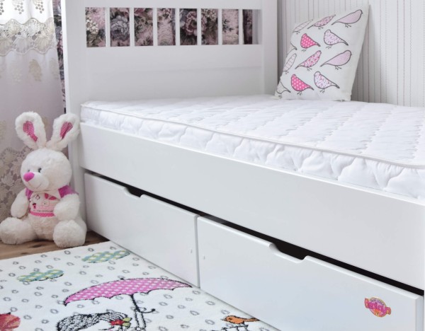 białe łóżko młodzieżowe PARYS z szufladami drewniane w stylu skandynawskim