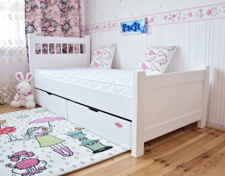 białe łóżko młodzieżowe PARYS z szufladami drewniane w stylu skandynawskim