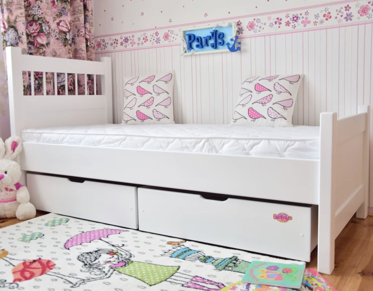 białe łóżko młodzieżowe PARYS z szufladami drewniane w stylu skandynawskim