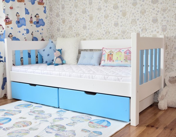 łóżko sofka MAXI biało błękitne drewniane z szufladami do pokoju młodzieżowego