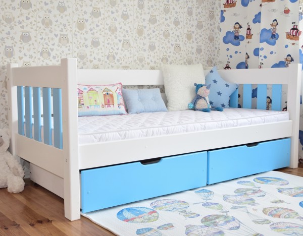 łóżko sofka MAXI biało błękitne drewniane z szufladami do pokoju młodzieżowego