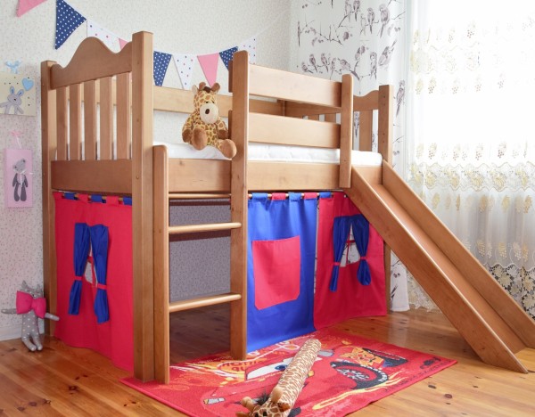 drewniane łóżko dziecięce ZAMECZEK miodowe ze zjeżdżalnią antresola