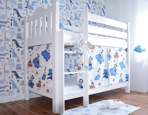 Łóżko piętrowe NINA 2 dla dwójki dzieci – drewniane z zasłonkami