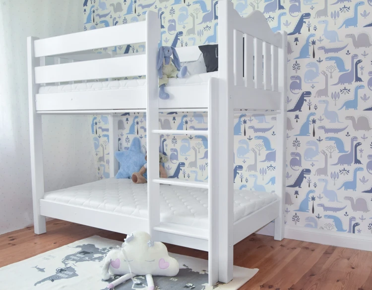 Łóżko piętrowe NINA 2 dla dwójki dzieci – drewniane z zasłonkami