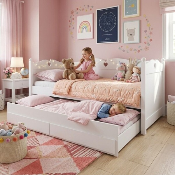 Drewniane, podwójne, dziecięce, białe łóżko - sofa  z szufladami dla dziewczynki, z dekoracyjnym serduszkiem-julie.jpg