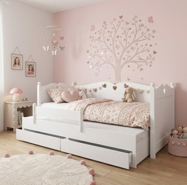 Drewniane, podwójne, dziecięce, białe łóżko - sofa  z szufladami dla dziewczynki, z dekoracyjnym serduszkiem-julie.jpg