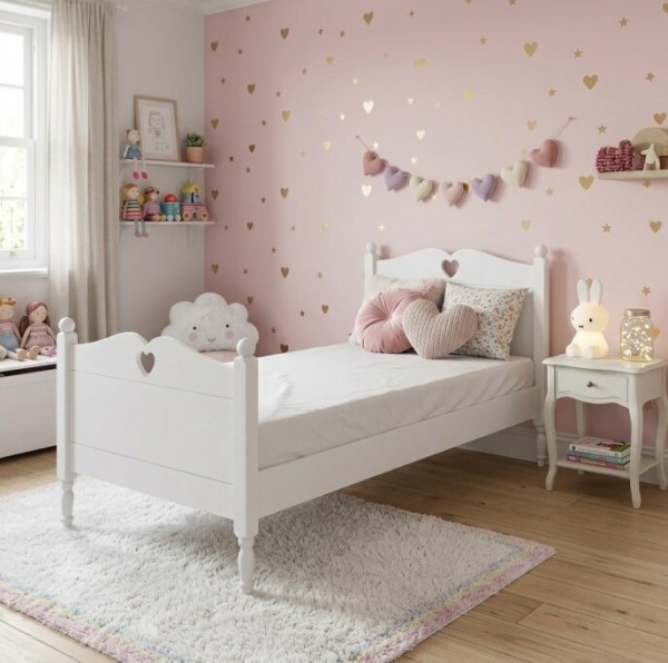 białe, drewniane łóżko 90 x 200 dla dziewczynki z dekoracyjnym serduszkiem.jpg
