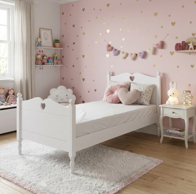 białe, drewniane łóżko 90 x 200 dla dziewczynki z dekoracyjnym serduszkiem.jpg