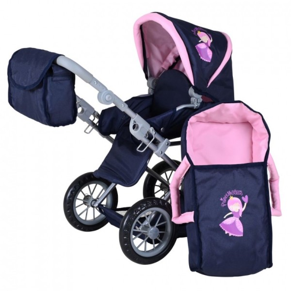 wózek dla lalek Ruby Princess Blue Knorr Toys 63142 granatowo różowy z torbą i regulowaną rączką