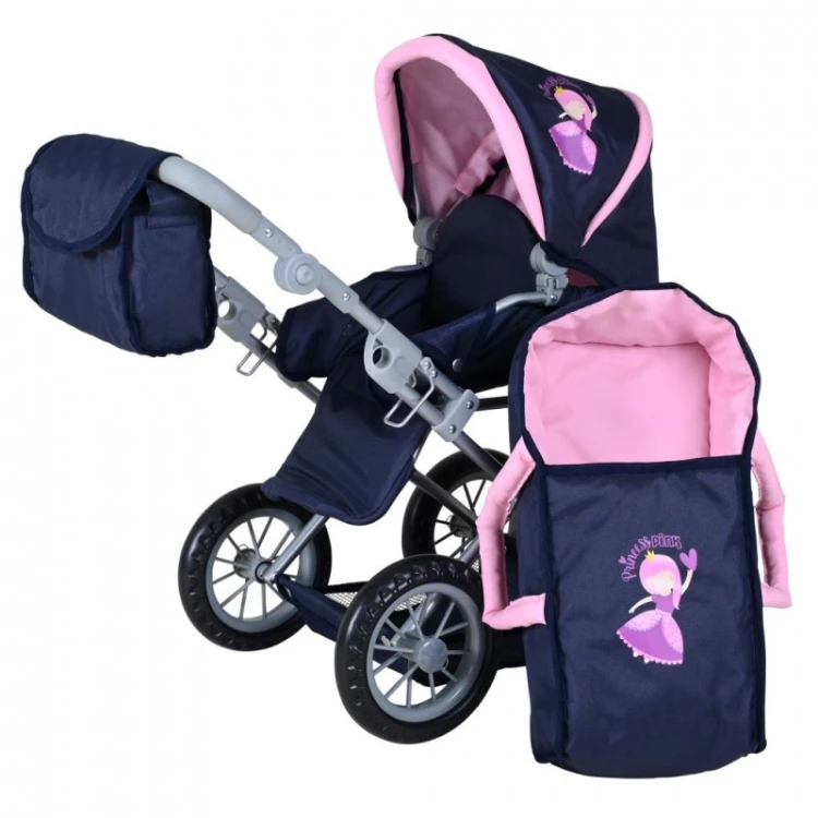wózek dla lalek Ruby Princess Blue Knorr Toys 63142 granatowo różowy z torbą i regulowaną rączką