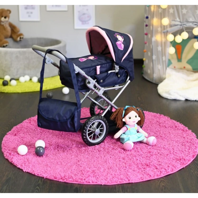 wózek dla lalek Ruby Princess Blue Knorr Toys 63142 granatowo różowy z torbą i regulowaną rączką