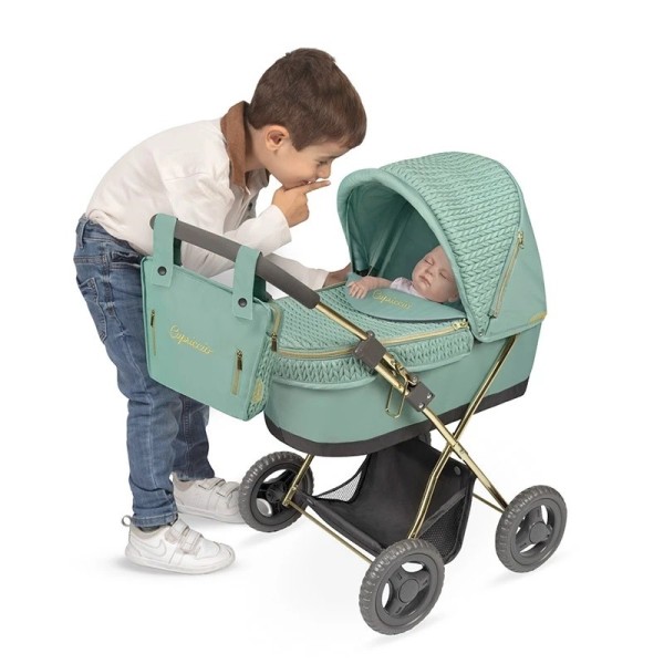wózek dla lalek DeCuevas Capriccio 85073 zielony z gondolą i torebką 3w1