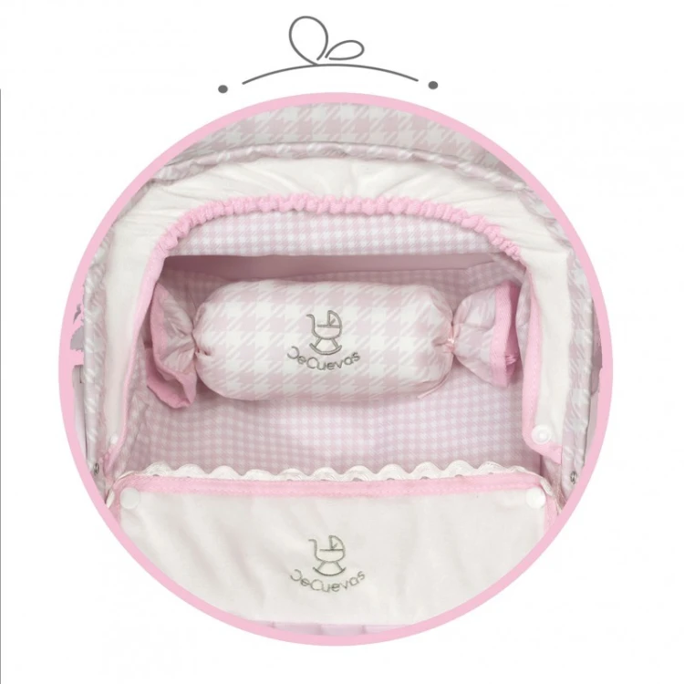 wózek dla lalek DeCuevas Niza 87046 biało różowy retro z dużymi kołami i gondolą