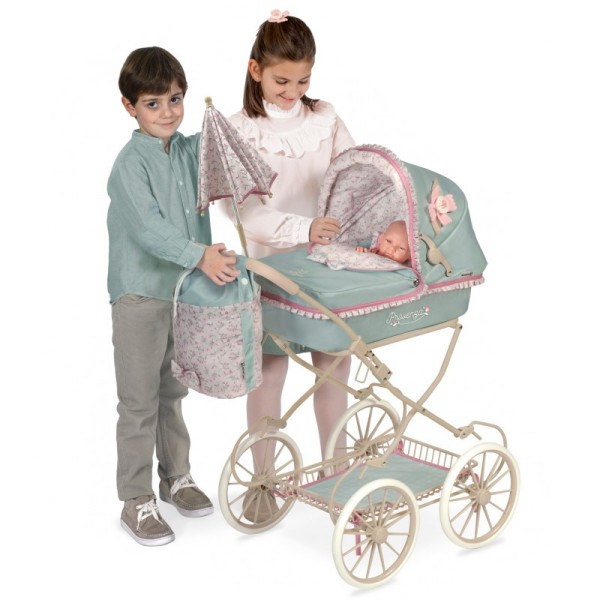wózek dla lalek DeCuevas Provenza 81045 różowo zielony z gondolą i dużymi kołami vintage