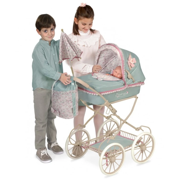 wózek dla lalek DeCuevas Provenza 81045 różowo zielony z gondolą i dużymi kołami vintage