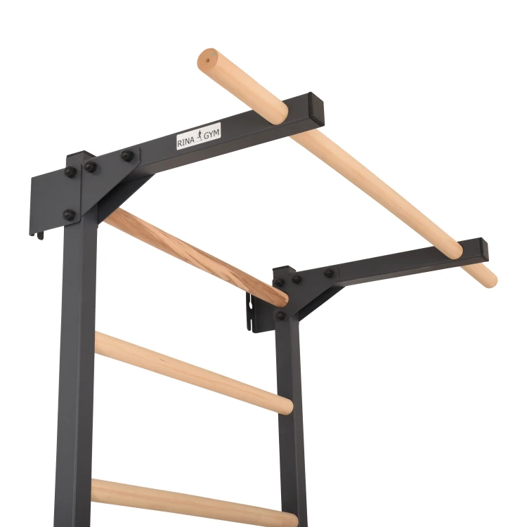 drabinka gimnastyczna STEEL PURE grafit z drążkiem i drewnianymi szczeblami do ćwiczeń w domu