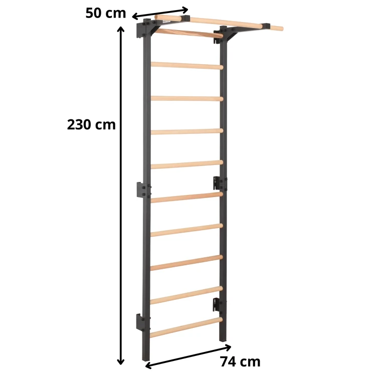 drabinka gimnastyczna STEEL PURE grafit z drążkiem i drewnianymi szczeblami do ćwiczeń w domu