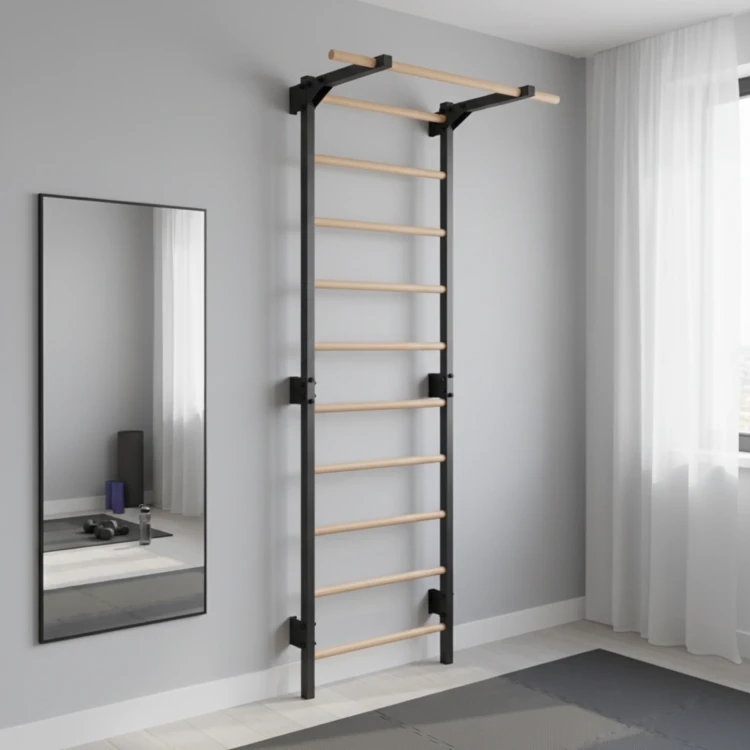 drabinka gimnastyczna STEEL PURE grafit z drążkiem i drewnianymi szczeblami do ćwiczeń w domu