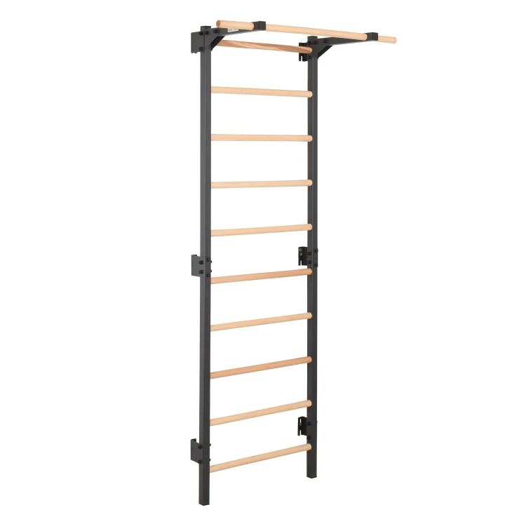 drabinka gimnastyczna STEEL PURE grafit z drążkiem i drewnianymi szczeblami do ćwiczeń w domu