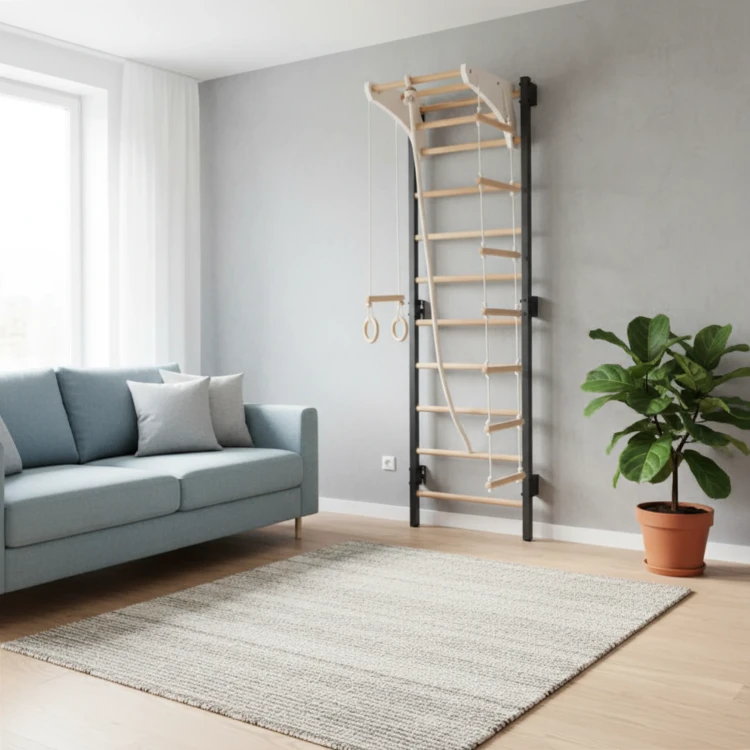 drabinka gimnastyczna STEEL KOM 2 grafit z drążkiem kółkami i drabinką linową do ćwiczeń w domu