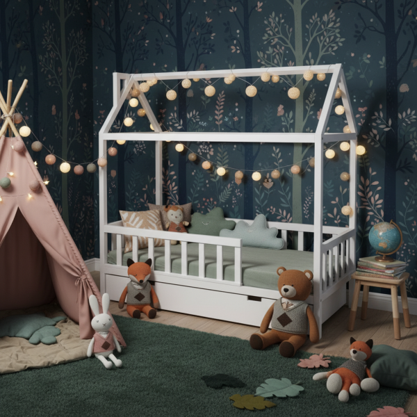 Drewniane łóżko domek Adventure dla dzieci w stylu skandynawskim, z szufladą i barierkami, naturalne drewno bukowe