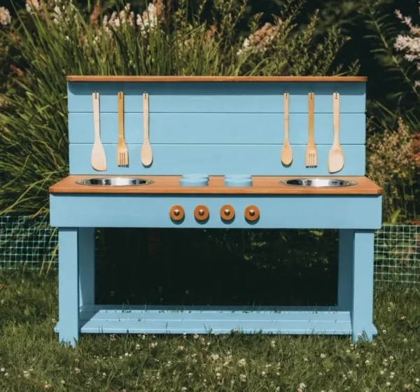 Drewniana Kuchnia Błotna dla dzieci do ogrodu Montessori 120 cm bezchmurne niebo