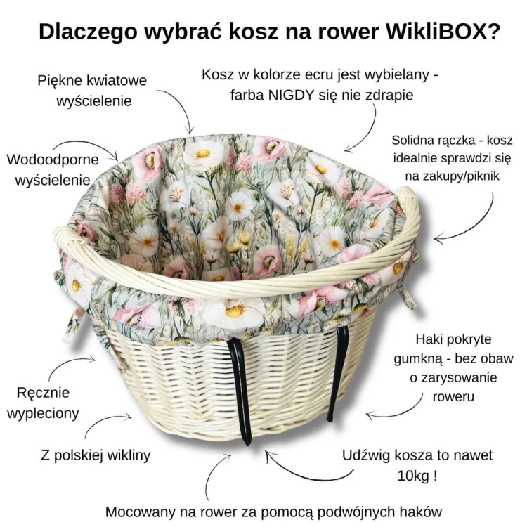 koszyk wiklinowy na rower ecru z wkładem