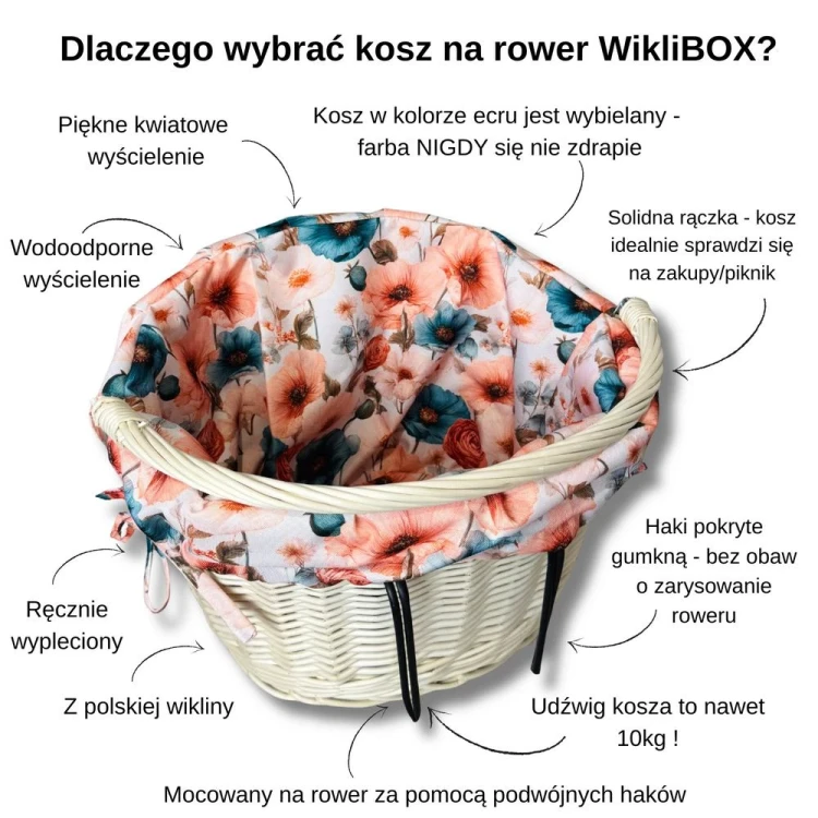 koszyk wiklinowy na rower ecru z wkładem maki