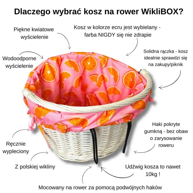koszyk wiklinowy na rower ecru z wkładem pomarańcze